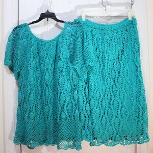 PR Teal Green Knit Crochet 2pc Skirt Set